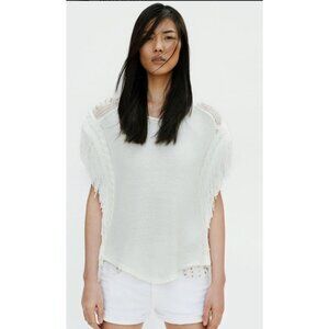 Zaraknit Womens Pullover Sleeveless Boho Fringe Crochet Top Off White Sz S